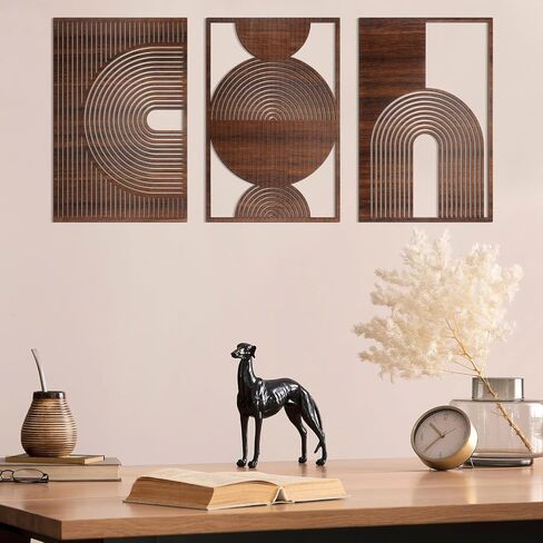 Yerliker 3 Pcs Mid Century Modern Wood Wall Art Decorations 3D Geometric Abstract Wall Sculpture for Living Room Bedroom Office Minimalist Aesthetic(Mid-century,15.75 x 15.75 x 1.97 Inch) in Kuwait