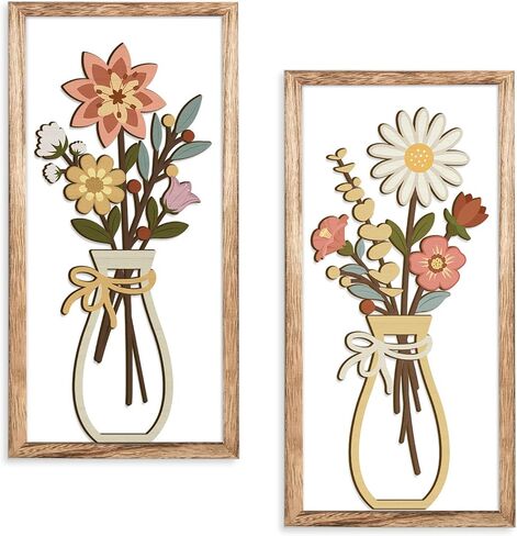 Kas Home 3D Floral Wall Art, Rustic Wood Farmhouse Flower with Vase Framed Minimalist Wall Decor for Living Room Bathroom Bedroom Office Housewarming Gift, Botanical Plaque Sculptures in Saudi Arabia