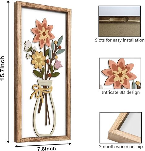 Kas Home 3D Floral Wall Art, Rustic Wood Farmhouse Flower with Vase Framed Minimalist Wall Decor for Living Room Bathroom Bedroom Office Housewarming Gift, Botanical Plaque Sculptures in Saudi Arabia