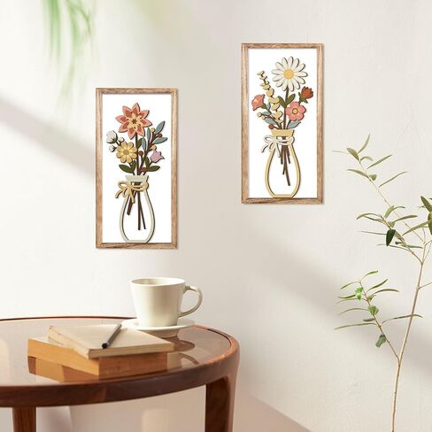 Kas Home 3D Floral Wall Art, Rustic Wood Farmhouse Flower with Vase Framed Minimalist Wall Decor for Living Room Bathroom Bedroom Office Housewarming Gift, Botanical Plaque Sculptures in Saudi Arabia
