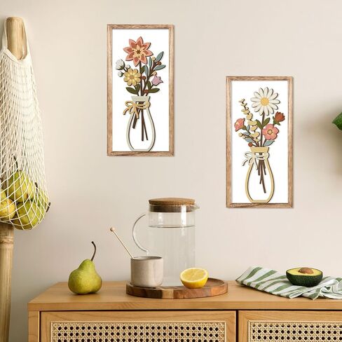 Kas Home 3D Floral Wall Art, Rustic Wood Farmhouse Flower with Vase Framed Minimalist Wall Decor for Living Room Bathroom Bedroom Office Housewarming Gift, Botanical Plaque Sculptures in Saudi Arabia
