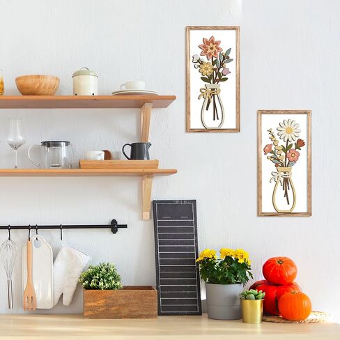 Kas Home 3D Floral Wall Art, Rustic Wood Farmhouse Flower with Vase Framed Minimalist Wall Decor for Living Room Bathroom Bedroom Office Housewarming Gift, Botanical Plaque Sculptures in Saudi Arabia