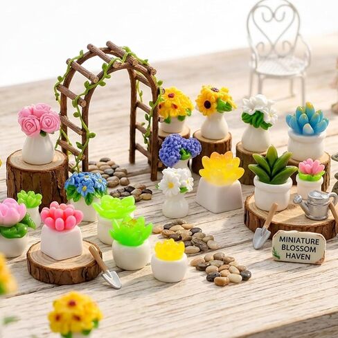 18 Pcs Assorted Mini Resin Plants, 1:12 Scale Mini Succulents & Flowers Dollhouse Accessories, Lifelike Miniature Plants for Fairy Garden Decor, DIY Craft Lovers in Saudi Arabia
