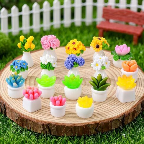18 Pcs Assorted Mini Resin Plants, 1:12 Scale Mini Succulents & Flowers Dollhouse Accessories, Lifelike Miniature Plants for Fairy Garden Decor, DIY Craft Lovers in Saudi Arabia