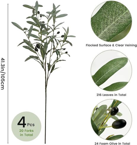 SNAIL GARDEN 4 Pack 41.3in Faux Olive Branches with Flocked Realistic Leaves,Large Tall Artificial Greenery Stems, 216 Leaves Green Olive Branch Stems, Olive Branches for Vases Home Wedding Decor in Kuwait