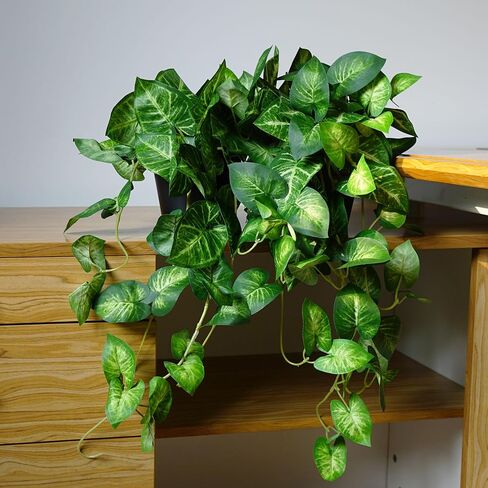 2 Fake Pothos Hanging Plants Artificial Pothos Plant with Pots Faux Hanging Plants Office Decor Low Maintenance Fake Vines Artificial Greenery for Indoor - Green & Yellow in Kuwait