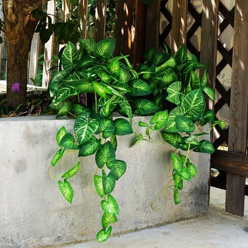 2 Fake Pothos Hanging Plants Artificial Pothos Plant with Pots Faux Hanging Plants Office Decor Low Maintenance Fake Vines Artificial Greenery for Indoor - Green & Yellow in Kuwait