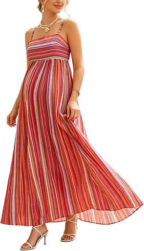Maternity Maxi Striped Gown Spaghetti Strap Smocked Beach Casual in Kuwait