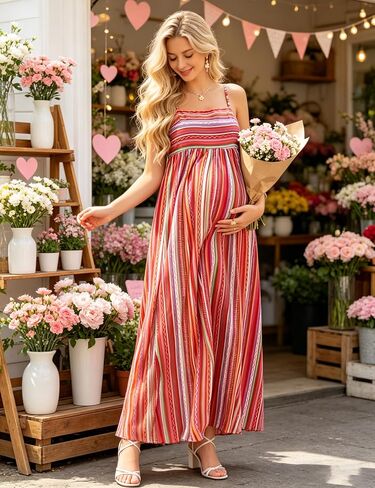 Maternity Maxi Striped Gown Spaghetti Strap Smocked Beach Casual in Kuwait