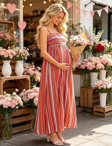 Maternity Maxi Striped Gown Spaghetti Strap Smocked Beach Casual in Kuwait
