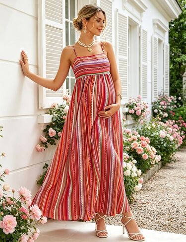 Maternity Maxi Striped Gown Spaghetti Strap Smocked Beach Casual in Kuwait
