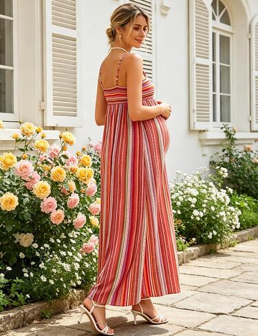 Maternity Maxi Striped Gown Spaghetti Strap Smocked Beach Casual in Kuwait