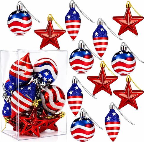 24 Pcs Large 4th of July Tree Decorations, Big Red Silver Blue Patriotic Ornaments, Memorial Day Fourth of July Decorations for Tree, Plastic Star Ornaments Hanging Balls for Christmas Tree, 2.8 inch in Kuwait