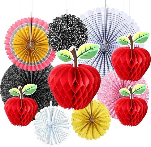 12 Pcs Back to School Hanging Decorations 3D Apple Shaped Paper Honeycomb Classroom Ceiling Hanging Paper Fans Decor for First Day Pencil Notebook Ruler Math Apple Honeycomb Decor for Classroom in Saudi Arabia