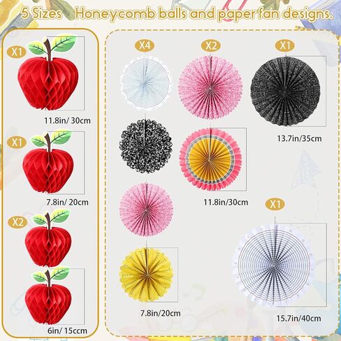 12 Pcs Back to School Hanging Decorations 3D Apple Shaped Paper Honeycomb Classroom Ceiling Hanging Paper Fans Decor for First Day Pencil Notebook Ruler Math Apple Honeycomb Decor for Classroom in Saudi Arabia