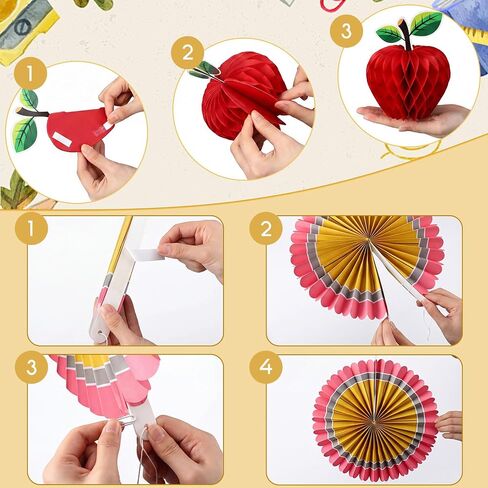 12 Pcs Back to School Hanging Decorations 3D Apple Shaped Paper Honeycomb Classroom Ceiling Hanging Paper Fans Decor for First Day Pencil Notebook Ruler Math Apple Honeycomb Decor for Classroom in Saudi Arabia