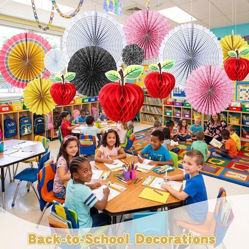 12 Pcs Back to School Hanging Decorations 3D Apple Shaped Paper Honeycomb Classroom Ceiling Hanging Paper Fans Decor for First Day Pencil Notebook Ruler Math Apple Honeycomb Decor for Classroom in Saudi Arabia
