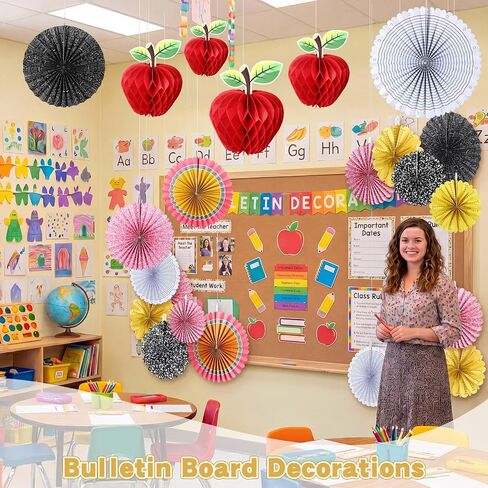12 Pcs Back to School Hanging Decorations 3D Apple Shaped Paper Honeycomb Classroom Ceiling Hanging Paper Fans Decor for First Day Pencil Notebook Ruler Math Apple Honeycomb Decor for Classroom in Saudi Arabia
