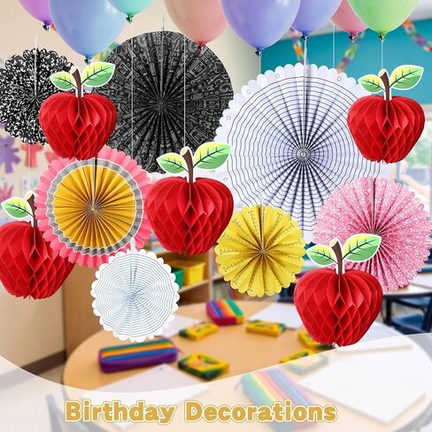 12 Pcs Back to School Hanging Decorations 3D Apple Shaped Paper Honeycomb Classroom Ceiling Hanging Paper Fans Decor for First Day Pencil Notebook Ruler Math Apple Honeycomb Decor for Classroom in Saudi Arabia