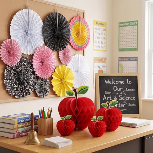 12 Pcs Back to School Hanging Decorations 3D Apple Shaped Paper Honeycomb Classroom Ceiling Hanging Paper Fans Decor for First Day Pencil Notebook Ruler Math Apple Honeycomb Decor for Classroom in Saudi Arabia