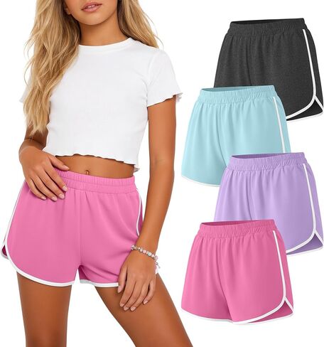4 Pack Girls Athletic Shorts 5-16Y Soccer Running Workout Dolphin Active Shorts with White Border for Kids Summer in Kuwait