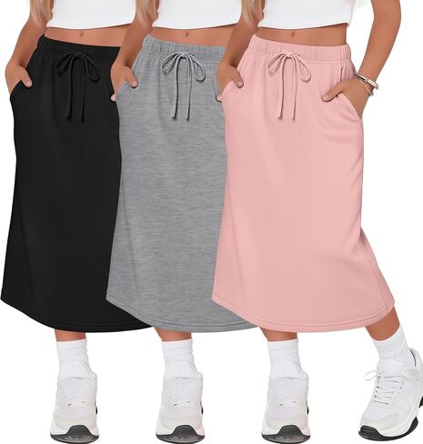 Halfchet 3 Pack Girls Midi Skirt Teen Girls Knee Length Drawstring High Waist Back Slit Casual Long Skirts with Pockets 5-16Y in Kuwait