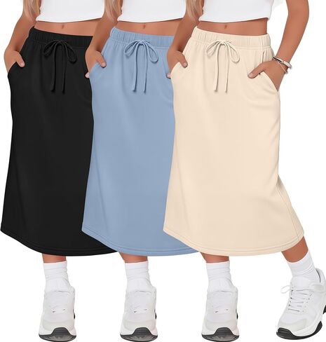 Halfchet 3 Pack Girls Midi Skirt Teen Girls Knee Length Drawstring High Waist Back Slit Casual Long Skirts with Pockets 5-16Y in Kuwait