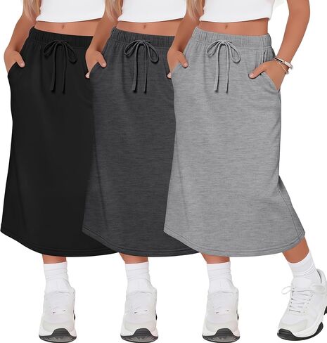 Halfchet 3 Pack Girls Midi Skirt Teen Girls Knee Length Drawstring High Waist Back Slit Casual Long Skirts with Pockets 5-16Y in Kuwait