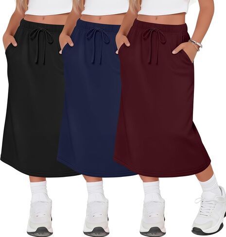 Halfchet 3 Pack Girls Midi Skirt Teen Girls Knee Length Drawstring High Waist Back Slit Casual Long Skirts with Pockets 5-16Y in Kuwait