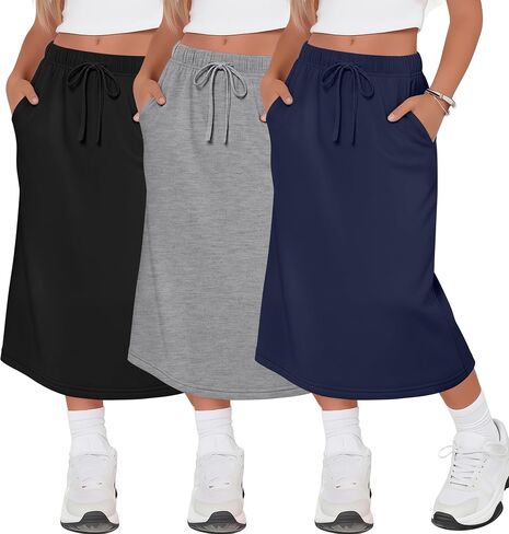 Halfchet 3 Pack Girls Midi Skirt Teen Girls Knee Length Drawstring High Waist Back Slit Casual Long Skirts with Pockets 5-16Y in Kuwait