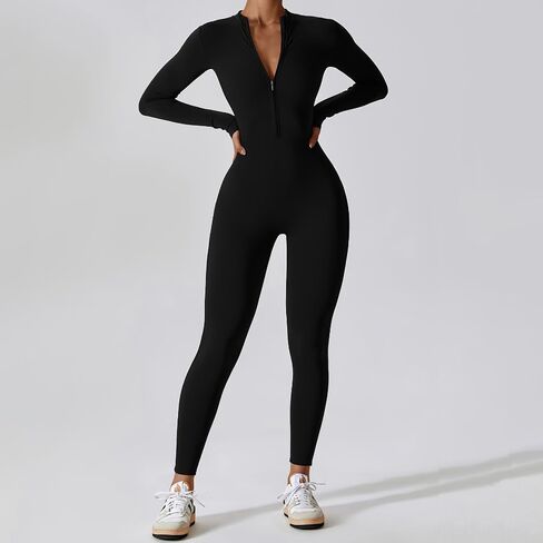 Women's Zip-Up Long Sleeve Workout Jumpsuit, Sexy Bodycon One-Piece Romper Bodysuit for Gym Yoga Running Training in Kuwait