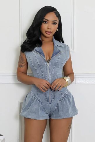 Mandonce Denim Jumpsuit for Women Sleeveless Elastic Skinny Distressed Jean Shorts Wide Leg Bubble Romper Shorts Sexy Outfit in Kuwait