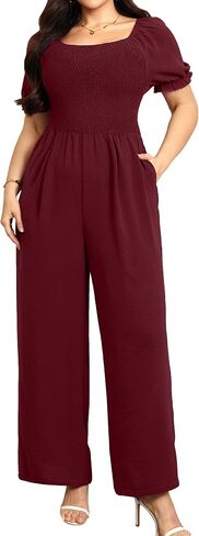 RWJ Plus Size Women's 2026 Summer One Piece Jumpsuits Dressy Casual Short Sleeve Smocked Square Neck Wide Leg Rompers Travel Outfit Clothes With Pockets Red 3XL in Saudi Arabia
