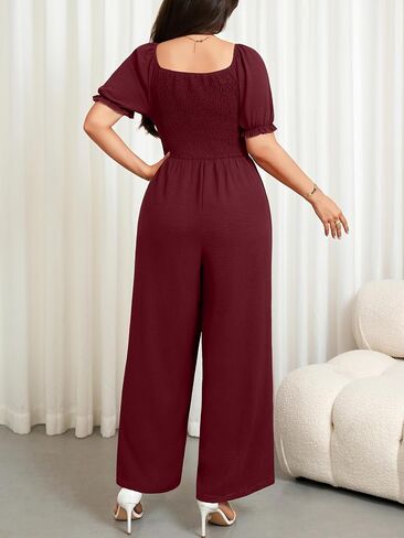 RWJ Plus Size Women's 2026 Summer One Piece Jumpsuits Dressy Casual Short Sleeve Smocked Square Neck Wide Leg Rompers Travel Outfit Clothes With Pockets Red 3XL in Saudi Arabia