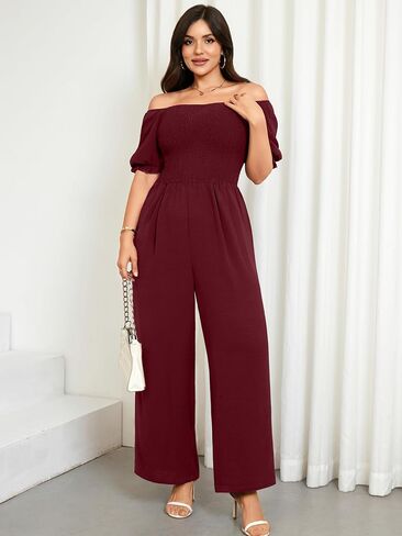 RWJ Plus Size Women's 2026 Summer One Piece Jumpsuits Dressy Casual Short Sleeve Smocked Square Neck Wide Leg Rompers Travel Outfit Clothes With Pockets Red 3XL in Saudi Arabia