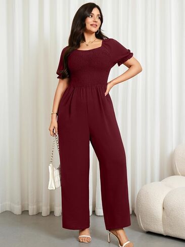 RWJ Plus Size Women's 2026 Summer One Piece Jumpsuits Dressy Casual Short Sleeve Smocked Square Neck Wide Leg Rompers Travel Outfit Clothes With Pockets Red 3XL in Saudi Arabia