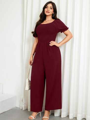 RWJ Plus Size Women's 2026 Summer One Piece Jumpsuits Dressy Casual Short Sleeve Smocked Square Neck Wide Leg Rompers Travel Outfit Clothes With Pockets Red 3XL in Saudi Arabia