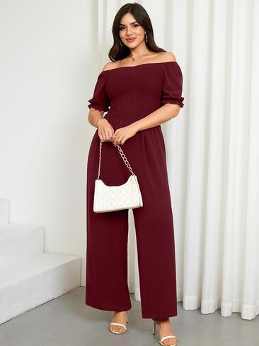 RWJ Plus Size Women's 2026 Summer One Piece Jumpsuits Dressy Casual Short Sleeve Smocked Square Neck Wide Leg Rompers Travel Outfit Clothes With Pockets Red 3XL in Saudi Arabia