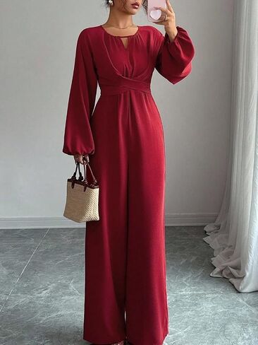 Women's Casual Keyhole Neck Jumpsuit Balloon Sleeve Wrap Front Wide Leg in Kuwait