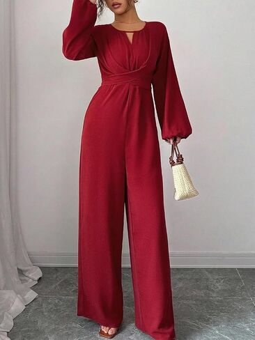 Women's Casual Keyhole Neck Jumpsuit Balloon Sleeve Wrap Front Wide Leg in Kuwait