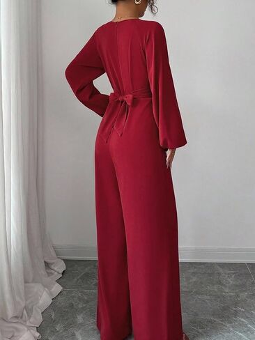 Women's Casual Keyhole Neck Jumpsuit Balloon Sleeve Wrap Front Wide Leg in Kuwait