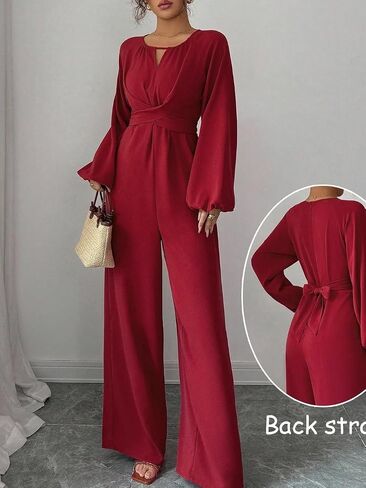 Women's Casual Keyhole Neck Jumpsuit Balloon Sleeve Wrap Front Wide Leg in Kuwait