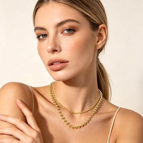 Gold Beaded Necklaces for Women Layered Choker Chunky & Dainty Ball Chain 14K Gold Plated Statement Jewelry in Saudi Arabia