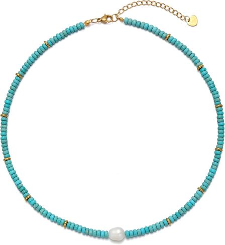 Beaded Necklace for Women, Colorful Gemstone Pearl Choker Necklace 14K Gold Natural Stone Handmade Jewelry in Saudi Arabia