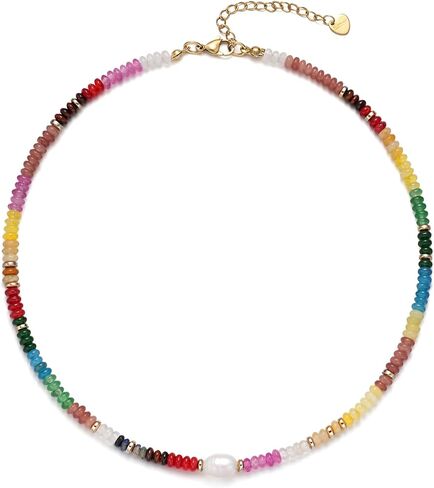 Beaded Necklace for Women, Colorful Gemstone Pearl Choker Necklace 14K Gold Natural Stone Handmade Jewelry in Saudi Arabia