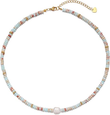 Beaded Necklace for Women, Colorful Gemstone Pearl Choker Necklace 14K Gold Natural Stone Handmade Jewelry in Saudi Arabia