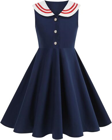 Girls' 1950s Vintage Nautical Dress Sleeveless- Retro Navy Style Back to School Party Dress for Birthday Holiday in Kuwait