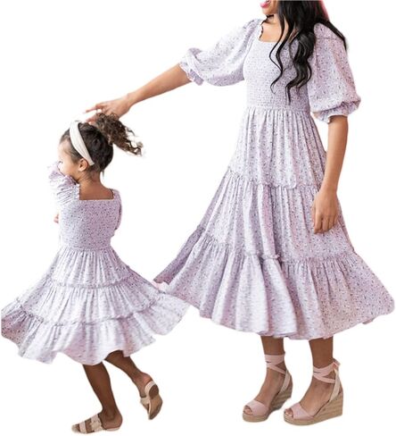 Mommy and Me Family Outfits Boho Matching Outfits Ruffle Puff Sleeve High Waist Midi Beach Maxi Dress in Saudi Arabia