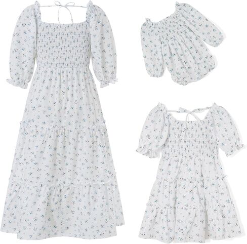 Mommy and Me Family Outfits Boho Matching Outfits Ruffle Puff Sleeve High Waist Midi Beach Maxi Dress in Saudi Arabia