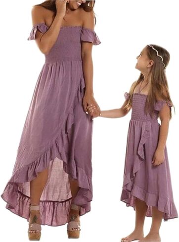 Mommy and Me Family Outfits Boho Matching Outfits Ruffle Puff Sleeve High Waist Midi Beach Maxi Dress in Saudi Arabia